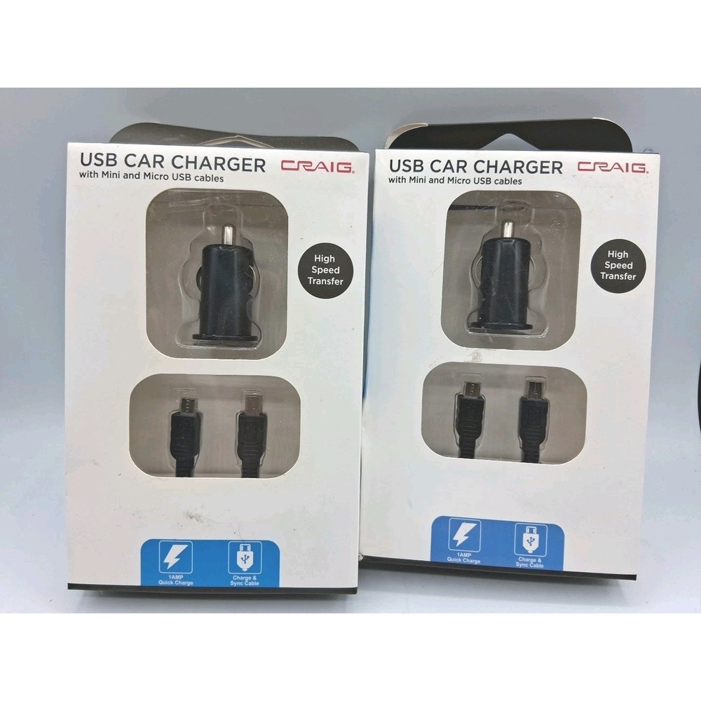 Craig Lot of 2 USB Car Charger with Mini and Micro USB Cables Black CRA6201